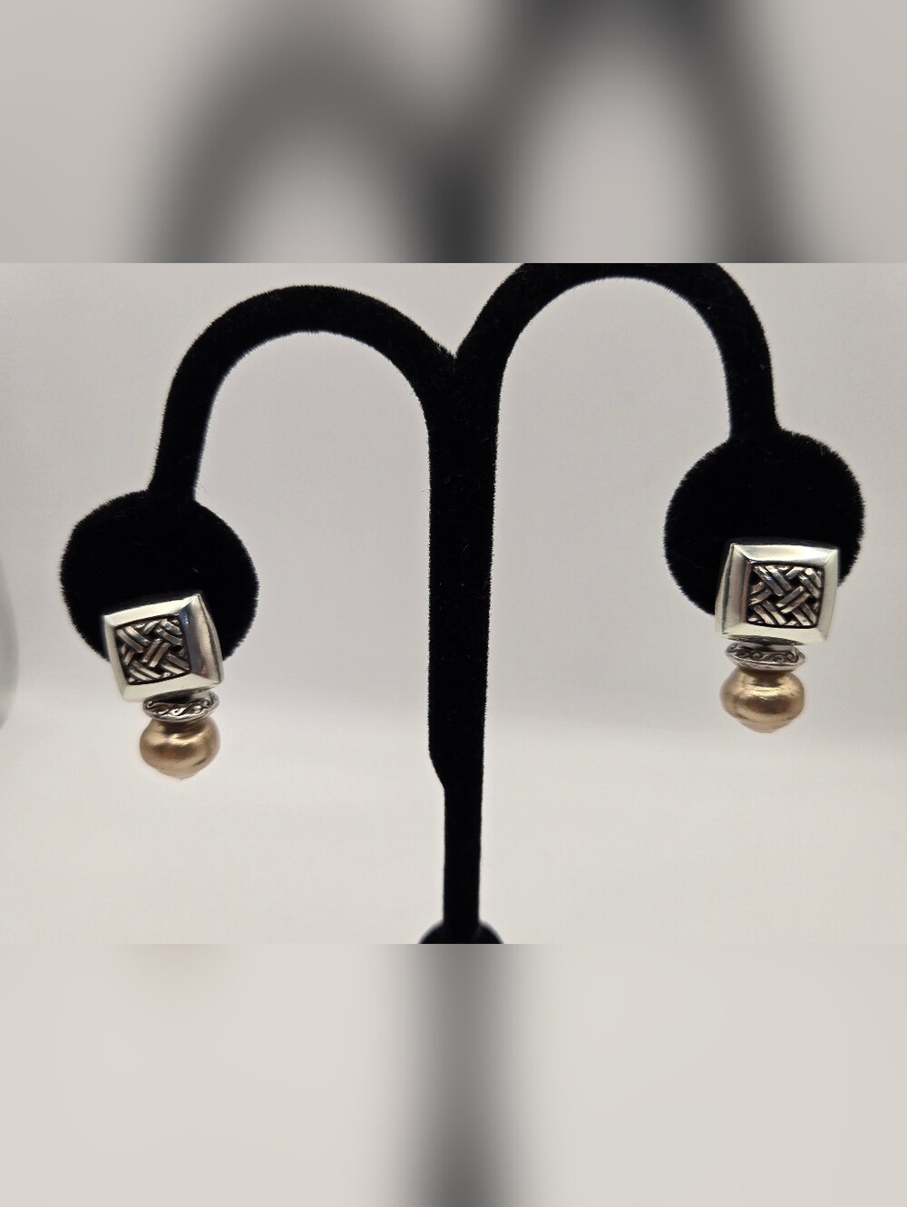 Brighton Square Silver Plated Basket Weave Golden Pearl Drop Post Earrings READ*